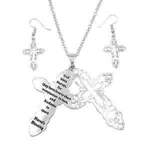 Nurse’s Blessing Long Silver Tone Filigree Cross Necklace Earrings Set